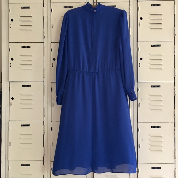 Vintage cobalt blue ruffle neck puff shoulder semi-sheer long sleeve midi dress - Picture 10 of 15